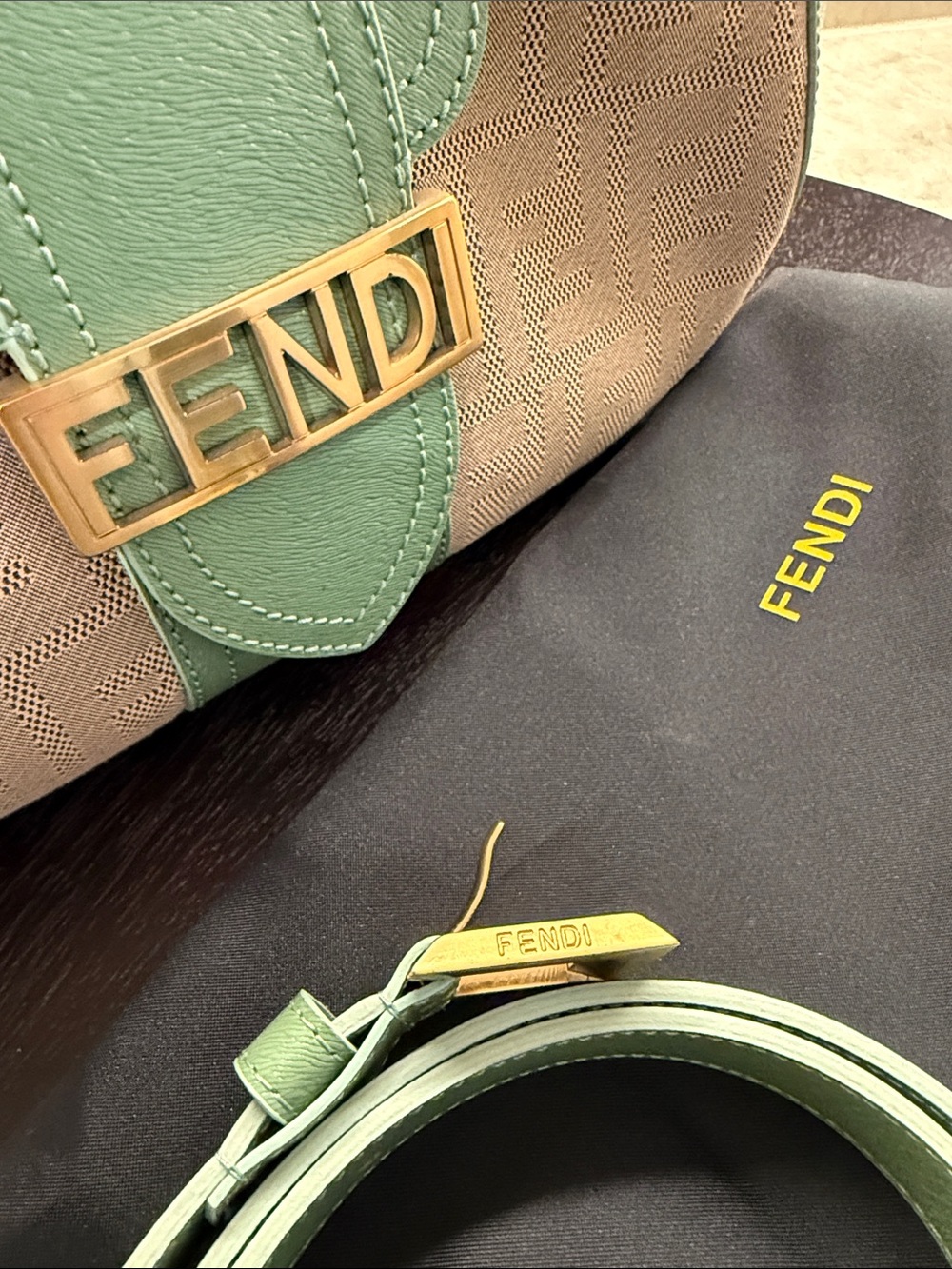 Fendi Zucca Mint Green and Beige Canvas Leather Baguette Shoulder Bag with Belt - Picture 2 of 9